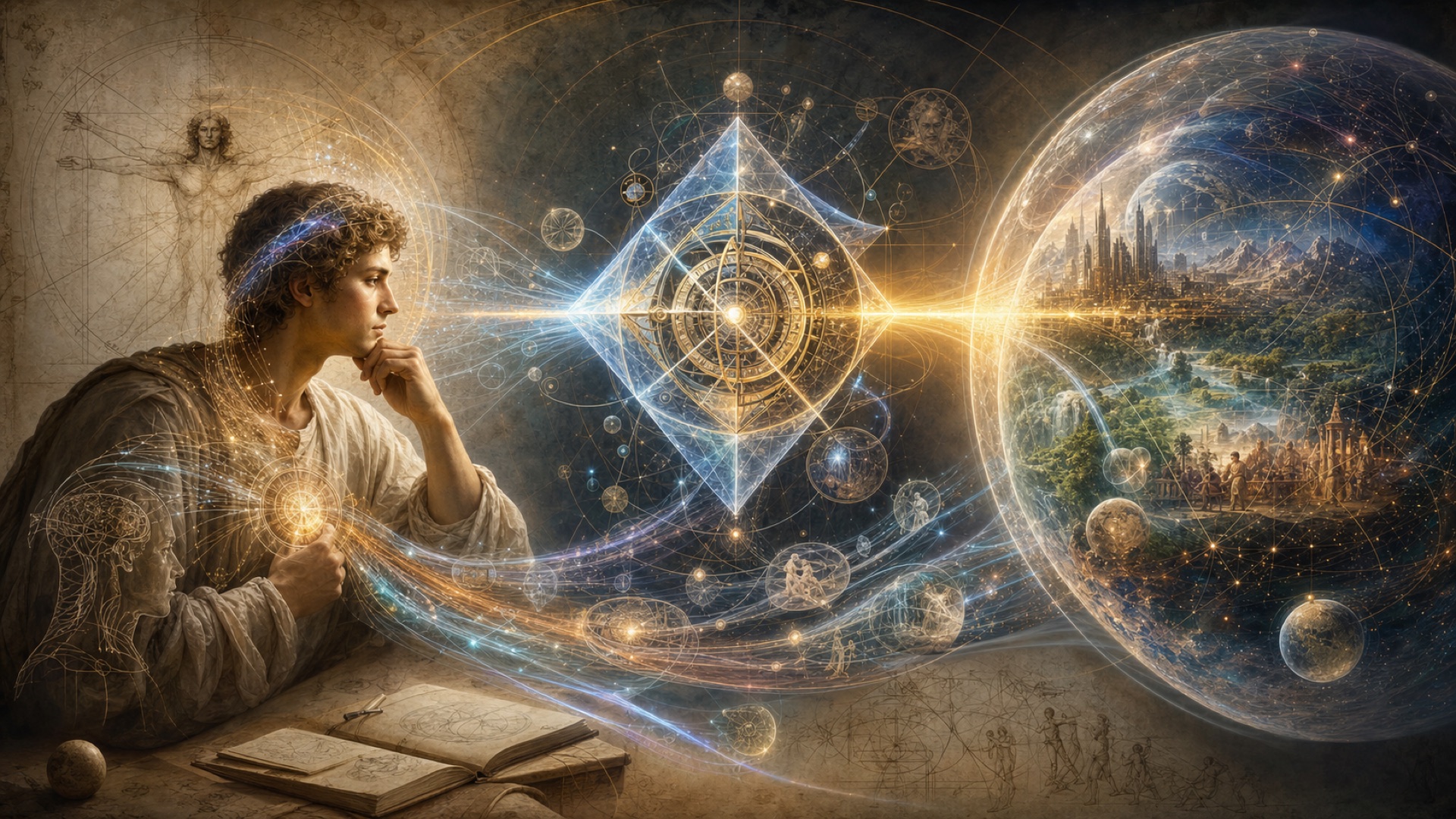 A Renaissance scholar contemplating, their mind connected by glowing threads to a vast digital cosmos.